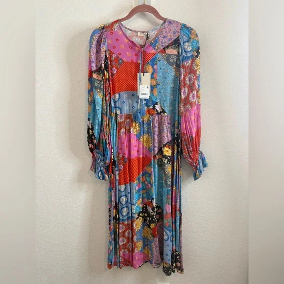 NWT SPELL Cha Cha Boho Patchwork Print Peasant Midi Dress in Multi Sz Small